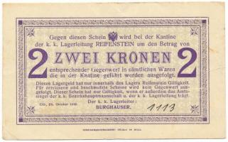 Ausztria / Cilli / Reifenstein hadifogolytábor 1916. 2K hátlapon bélyegzéssel, kézírásos sorszámmal "1113" T:F / Austria / Cilli / Reifenstein POW Camp 1916. 2 Kronen, with cancellation on backside, handwritten serial number "1113" C:F