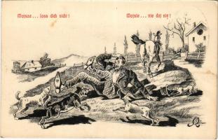 Mojsze... loss dich nicht! / Mojsie... nie daj sie! / zsidó humoros művészlap, hátoldalán Wágner hangszeráruháza reklámja, Judaika / Jewish humour, Judaica art postcard, with Hungarian advertisement on the background. W.k.p. - A.S. Kraków Deposé 1907. - 4. s: Astermann (fl)