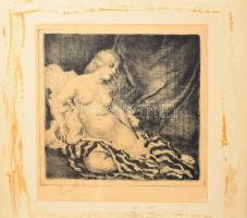 Csók István (1865-1961) - Prihoda István (1891-1956): Thámár (akt). Rézkarc, papír, jelzett (Csók I.), kartonra kasírozva, lapszéli ragasztás nyomaival, rézkarec ép, 22x23 cm