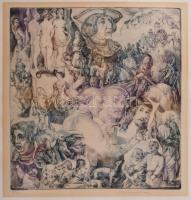 Szabó Vladimír (1905-1991): Hommage a Dürer. Színes rézkarc, papír, jelzett. Számozott: XII/300. Lap tetején paszpartuzás nyomaival. 30×29 cm / Vladimír Szabó (1905-1991): Hommage a Dürer. Coloured etching on paper, signed. Numbered: XII/300. 30×29 cm