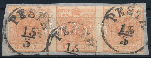 1850 3kr 3-as csík kézi papíron IIIb 2x tip. kivágáson