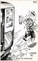 A scout is courteous. British scout postcard, humour, Winstanley &amp; Watkins: Tommy, the Tenderfoot Series No. 5. s: Sid Wright