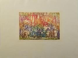 Szabó Vladimír (1905-1991): Husiparos rémálma. Színes rézkarc, papír, jelzett. Művészpéldány Éreuve d'artiste jelzéssel. Hátoldalán MNG kiviteli bélyegzővel. Lap szélén apró felületi sérülésekkel (paszpartuzás nyomaival). 19,5×29 cm /