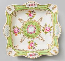 Hollóházi barokk mintás kínálótál, jelzett, hibátlan, kézzel festett, 24,5x24,5 cm