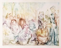 Szabó Vladimír (1905-1991): Piac. Színes rézkarc, papír, jelzett. Művészpéldány Épreuve d'artiste jelzéssel. Lap teteje kartonra kasírozva. 29×39 cm