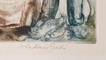 Szabó Vladimír (1905-1991): Piac. Színes rézkarc, papír, jelzett. Művészpéldány Épreuve d'artis...