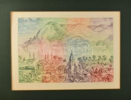 Szabó Vladimír (1905-1991): Nagymaros. Színes rézkarc, papír, jelzett. Számozott: 24/150. Paszpartuban. 29×39 cm