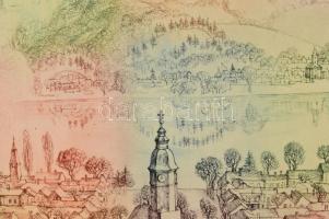 Szabó Vladimír (1905-1991): Nagymaros. Színes rézkarc, papír, jelzett. Számozott: 24/150. Paszpartub...