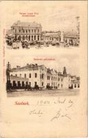 1900 Szolnok, Steiner Jakab Fiai divatáruháza, piac, Pályaudvar, vasútállomás. Szigeti H. udvari fényképész
