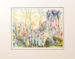 Szabó Vladimír (1905-1991): Moliere a tanyán. Színes rézkarc, papír, jelzett. Művészpéldány Épreuve d'artiste jelzéssel. Hátoldalán MNG kiviteli bélyegzővel. Paszpartuban. 30×39 cm