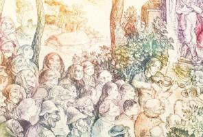 Szabó Vladimír (1905-1991): Moliere a tanyán. Színes rézkarc, papír, jelzett. Művészpéldány Épreuve ...