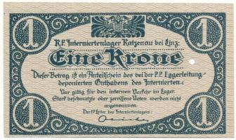 Ausztria / Katzenau Hadifogolytábor Linz közelében ~1914-1918. 1K egy lyukkal érvénytelenítve T:UNC,AU / Austria / Katzenau bei Linz POW camp ~1914-1918. 1 Krone cancelled by hole C:UNC,AU