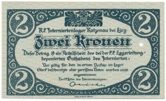 Ausztria / Katzenau Hadifogolytábor Linz közelében ~1914-1918. 2K egy lyukkal érvénytelenítve (?) T:UNC,AU / Austria / Katzenau bei Linz POW camp ~1914-1918. 2 Kronen cancelled (?) by hole C:UNC,AU