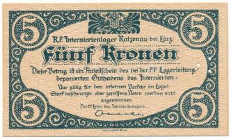 Ausztria / Katzenau Hadifogolytábor Linz közelében ~1914-1918. 5K három lyukkal perforálva T:UNC,AU / Austria / Katzenau bei Linz POW camp ~1914-1918. 5 Kronen perforated with three holes C:UNC,AU