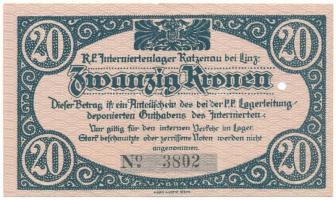 Ausztria / Katzenau Hadifogolytábor Linz közelében ~1914-1918. 20K "3802", egy lyukkal érvénytelenítve (?) T:UNC,AU / Austria / Katzenau bei Linz POW camp ~1914-1918. 20 Kronen "3802", cancelled (?) by hole C:UNC,AU