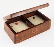 Régi intarziás kártyatartó doboz, 2 pakli francia kártyával.