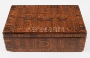 Régi intarziás kártyatartó doboz, 2 pakli francia kártyával