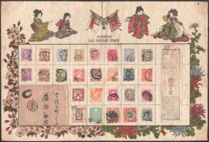 Japán klasszikus bélyegek és 2 db levelezőlap díszes lapon / Japanese classic stamps and postcards