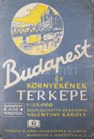cca 1945 Valentiny Károly: Budapest és környékének térképe, 1 : 25.000, (rajta Budapest autótérképe, 1 : 100.000), Bp., Gergely Rezső könyvkereskedés kiadása (Közlekedési-ny.), kis sárülésekkel a szélén , 117x81 cm