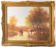 Szentgály Ferenc (XX. század): Tehenek ártérben, olaj, vászon, jelzett. Dekoratív, üvegezett, kissé sérült fakeretben. 40×50 cm