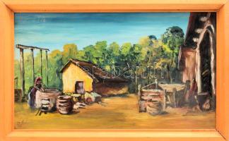 Olvashatatlan jelzéssel: Parasztudvar, olaj, fatábla. Fakeretben. 20×32,5 cm