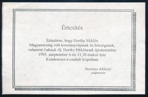 1993 Kenderes, értesítés Horthy Miklós kormányzó és családja újratemetéséről, 15×9 cm