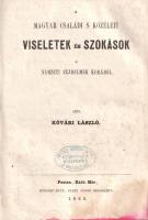Kővári László:  A magyar családi s közéleti viseletek és szokások a nemzeti fejedelmek korából. Pesten, 1860. Ráth Mór (Nyomatott az ev. ref. főtanoda betüivel Kolozsvártt.) [8] + 184 p. Első kiadás. Kővári László (1819-1907) erdélyi történész, statisztikus, közgazdasági író. Életmódtörténeti munkája a régi erdélyi magyarság életkörülményeit, viseleteit, családi életét, időtöltéseit és szórakozási formáit, asztali szokásait, vendégszeretetét és harcra termettségét méltatja, erkölcsi értékeit és alkotmányos rendjét elemzi. A bevallottan Apor Péter munkássága előtt tisztelgő kötet kiegészítően ír ugyan a középkori magyar társadalom néhány szokásvonásáról is, ám a munka döntően a fejedelmi Erdély életmódját részletezi. A rozsdafoltos címlapon régi kereskedői bélyegzés. Az oldalakon enyhe, a sarkokban kisebb foltosság. Kötetünk utolsó tizenhat levelének alsó sarkán kisebb sérülés, négy levél sarkán apró, a szövegtükröt nem érintő hiány. Példányunk előzékein sérülés és foltosság, fűzése az előzékeknél meglazult. Sérült, hiányos gerincű, foltos korabeli félvászon kötésben, vörös festésű lapszélekkel.