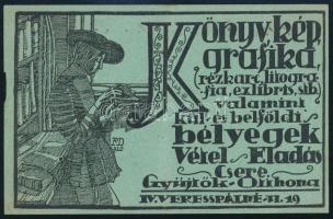 ca 1910 Könyv, grafika és bélyeg árus grafikus reklám lap 14x9 cm