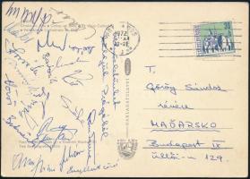 1972 A Ferencváros labdarúgócsapat tagjai által aláírt képeslap Prágából: Bartosik, Vörös, Som Ferenc, Szőke, Kára, Juhász stb FTC: Prága 2:1 /   1972 Postcard from Prague signed by members of the Ferencváros football team: Bartosik, Vörös, Som, Szőke, Kára, Juhász etc. FTC: Prague 2:1 /