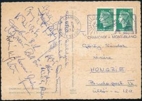 1974 A Ferencváros jégkorong tagjai által aláírt képeslap Francaországból: Póth öcsi, Dák, stb, Som Ferenc  1974 Postcard from France signed by members of the Ferencváros ice hockey team: Póth öcsi, Dák, etc., Som Ferenc