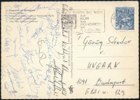 1978 Az FTC öregfiúk kézilabda csapat tagjai által aláírt képeslap Klagenfurból Berendi József, Bodnár József, Cserfai Tibor, Glatz stb   1978 Postcard from Klagenfurt signed by members of the FTC old boys handball team: József Berendi, József Bodnár, Tibor Cserfai, Glatz, etc.