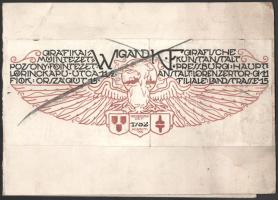 Richter Aurél (1870 - 1957): Wigand K. grafikai műintézet, Pozsony, szecessziós reklámlap terv 1919. Kinyitható, kétoldalas, Vegyes technika, papír, jelzett. 19x40 cm  Aurél Richter (1870 - 1957): Wigand K. Graphic Arts Institute, Bratislava, art nouveau advertising leaflet design 1919. Openable, double-sided, Mixed technic, signed. 19x40 cm