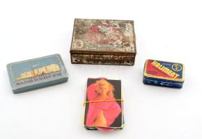 3 db fémdoboz: Száz éves a Magyar Dohányipar, Kaliment gyógycukorka, Sultan Flor török pipadohány, utóbbi megviselt állapotban, 8x5 cm és 14x11,5 cm között + Vegyes kártyanaptárak, kb. 40 db