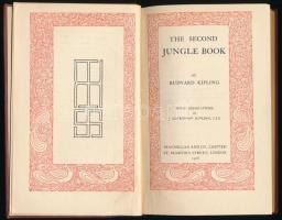 Kipling, Rudyard: The Second Jungle Book. With Decorations by J. Lockwood Kipling, C.I.E. London, 1926, Macmillan and Co. Ltd., 4 sztl. lev.+ 299+(3) p. Angol nyelven. Kiadói aranyozott egészbőr-kötés, a borító és a lapok sarkán kisebb ázásnyommal. / In English language. Leather-binding, with minor stains.