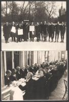 cca 1930 Korcsolyaverseny zsűrije a városligeti műjégen és ünnep vacsora, 2 db pecséttel jelzett fotó Pobuda Alfréd budapesti műterméből, 18×23 cm