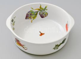Porcelán zöldségsütő tál, klf zöldségek képével díszítve, jelzés nélkül, d: 21,5 cm