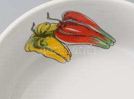 Porcelán zöldségsütő tál, klf zöldségek képével díszítve, jelzés nélkül, d: 21,5 cm