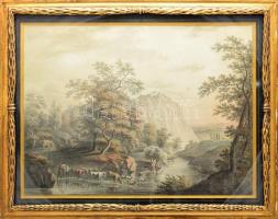 Jelzés nélkül, feltehetően XVIII. sz. v. XIX. sz. eleje festő: Romantikus táj alakokkal. Akvarell, papír. Dekoratív, antik, üvegezett, kopott fakeretben. 44x60 cm