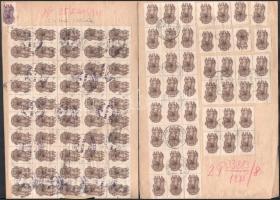 1945 Sokbélyeges illeték lerovás 5 lapon + pótlap, kb 350 bélyeggel