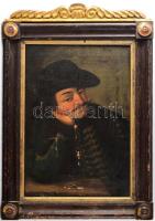 Jelzés nélkül, feltehetően XVIII. sz. v. XIX. sz. eleji festő: Magyar nemes vagy katona portréja. Olaj, vsázon, sérült. Dekoratív, antik, kissé sérült fakeretben. 42x30 cm