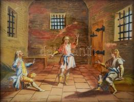 Jelzés nélkül, XVIII sz. v. XIX. sz. eleji festő: Álomfejtő Szent János. Festett üveg. Kissé kopott. Fakeretben. 20x26 cm