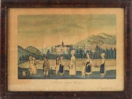 Kohlmann Lipót (1825-től Pesten működött): Trencsin (Trencsén) megyei köznép, 1839. Színezett metszet, papír. Jelzett a metszeten. 1839. 2-dik Regélő mellé. Üvegezett fakeretben. 16x25 cm