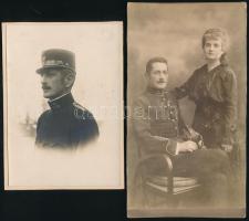 cca 1910 Katonatiszt egyenruhában, szablyával, felesége társaságában, kabinetfotó a Hungráia fényképészeti társaság budapesti műterméből, szélein vágott, 20x11 cm + Egy fotó ugyanarról a katonatisztről, lapra ragasztva, 15x10,5 cm
