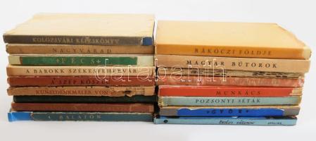 Officina Képeskönyvek sorozat 17 kötete: Erdélyi városok.; Nagyvárad.; Pozsonyi séták.; Munkács.; Balaton.; A barokk Székesfehérvár.; Magyar bútorok.; stb. Bp., 1937-1944, Officina. Kiadói kartonált papírkötés, változó állapotban (közte sérült).