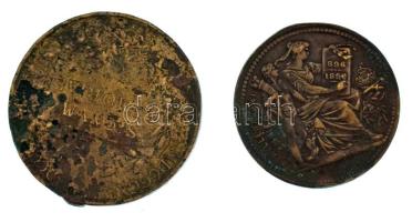 1896. "Milleniumi emlék / I. Ferencz József" kétoldalas bronz emlékérem fül nélkül (30mm) + 1898. "Jubileumi Emlékérem a Fegyveres Erő Számára / Signum memoriae (AVSTR)" bronz kitüntetés mellszalag és fül nélkül T:VF,F, patina