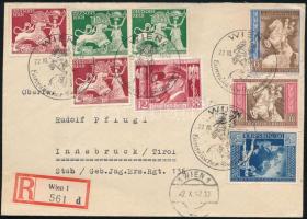 Deutsches Reich 1942 Dekoratív ajánlott levél európai postakongresszusi bélyegzésekkel és bélyegekkel, "WIEN" - INNSBRUCK 2"