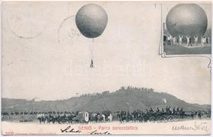 1903 Genio, Parco aerostatico / Hot Air Balloon Park, with aerostatic balloon in flight. Art Nouveau frame (fl)