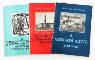 Vízügyi Történeti Füzetek 3 db száma: A szegedi árvíz 1879. (Adalékok a Tisza-szabályozás történetéhez).; Botár Imre - Károlyi Zsigmond: Vásárhelyi Pál, a Tisza-szabályozás tervezője.; Csath Béla: A Zsigmondyak szerepe a magyar vízkutatás és fúrás történetében. Bp., 1969-1983, Vízdok, 80 p.; 76 p.+ 1 (kihajtható térkép) t.; 100 p. Kiadói papírkötés, változó állapotban.