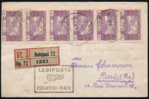 1925 Ajánlott légi levél Ikarusz 5000K függőleges hatoscsíkkal bérmentesítve, "LÉGI POSTA / BUDAPEST" - Párizs. Futott légi levélen a legnagyobb ismert Ikarusz 5000K összefüggés, RRR!