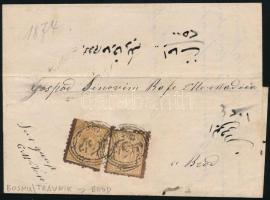 Török posta 1874 Előfutár levél tartalommal, 2 x 20para bélyeggel, írásos, török nyelvű "TRAVNIK" bélyegzéssel Bródba. Az előfutár levelek döntő többsége "SARAJEVO" bélyegzésű, RRR!